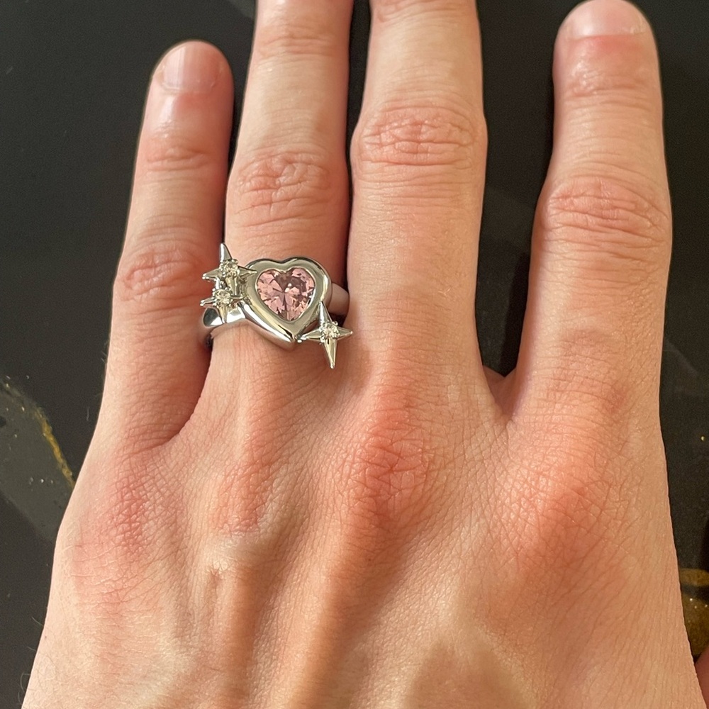 Chic Silver Ring with Pink Heart Accent